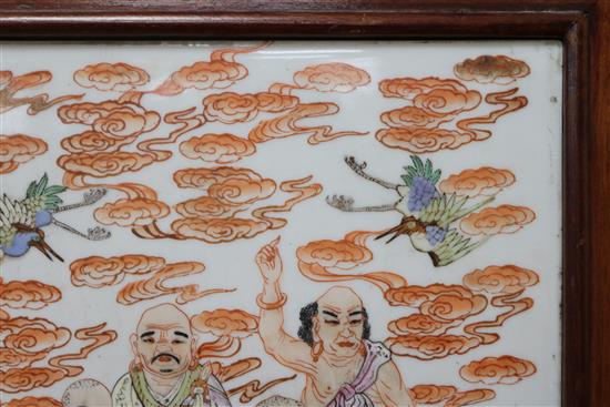 A Chinese famille rose plaque, five luohan